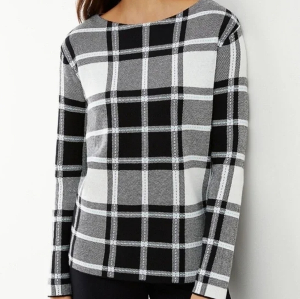 J Jill SZ M White Black Plaid Buffalo Check Knit Long Sleeve Pullover Sweater